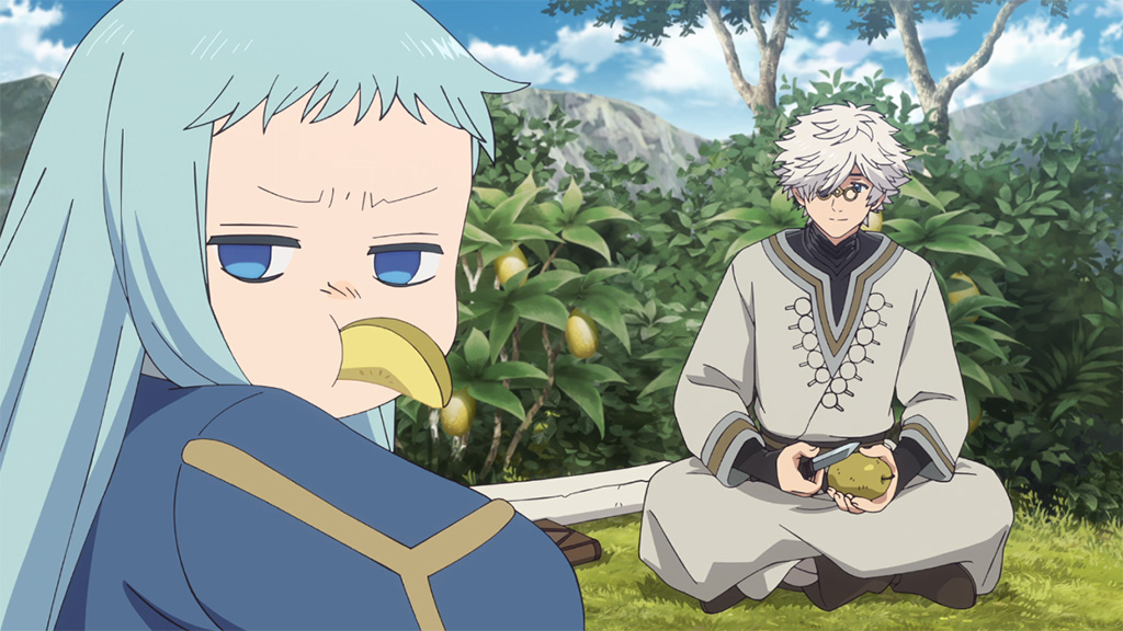 Richeh pouts and complains with a pear slice sticking out of her mouth